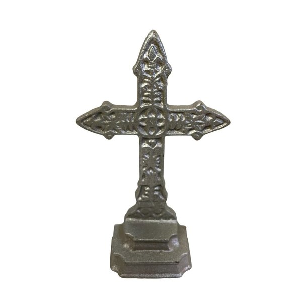 Vintage FLEUR DE LIS CAST IRON CROSS Standing Decorative Christian Symbol Table - Picture 1 of 3